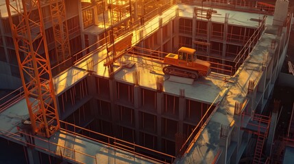 Construction site with scaffolding and industrial equipment. Renovating and construction concept