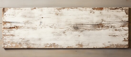 A rectangular white wooden board is placed on a table, creating a beautiful landscape with a horizon view. The wood blends naturally with the snowy surroundings - obrazy, fototapety, plakaty