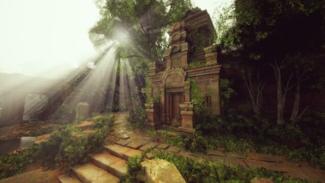 the majestic ruins of an ancient temple nestled amidst a lush jungle landscape.