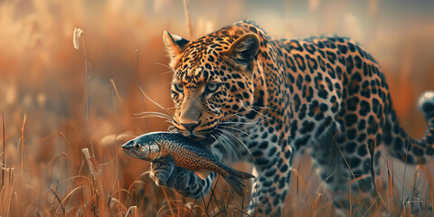 Stealthy Jaguar Emerges Victorious with Fish Prey at Dusk - Natures Banner