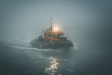 Mysterious Journey of a Boat Through a Foggy Waterway Banner - obrazy, fototapety, plakaty