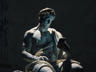 Fototapeta na wymiar Ancient Greek sculpture of a man using smartphone