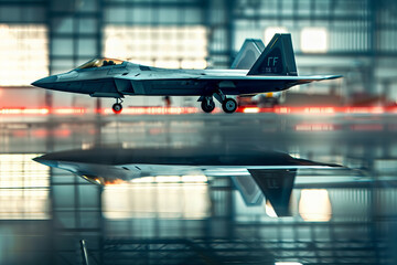 Futuristic Stealth Fighter Jet Ready for Takeoff Reflection Banner