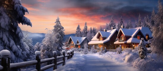A row of houses covered in snow nestled amidst a snowy forest, creating a picturesque natural landscape with trees and the cloudy sky
