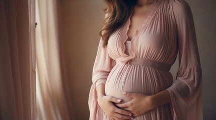 Elegant pregnant woman in pink dress with pregnancy belly - maternity background - obrazy, fototapety, plakaty
