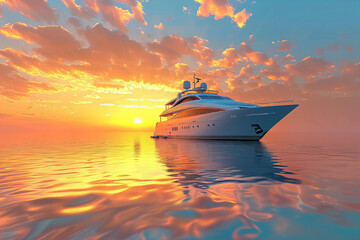 Exclusive Luxury Yacht Sailing into Radiant Sunset Horizon Banner