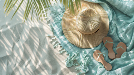 Flat lay of beach essentials including a straw hat flip-flops and a beach towel. - obrazy, fototapety, plakaty