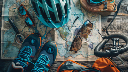 Flat lay of summer cycling gear including helmet sunglasses and map.