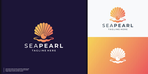 Sea shell vector logotype. Opened shell with orange color inside. Great logo for beauty shop, see food restaurant, jewelry, cosmetics. - obrazy, fototapety, plakaty