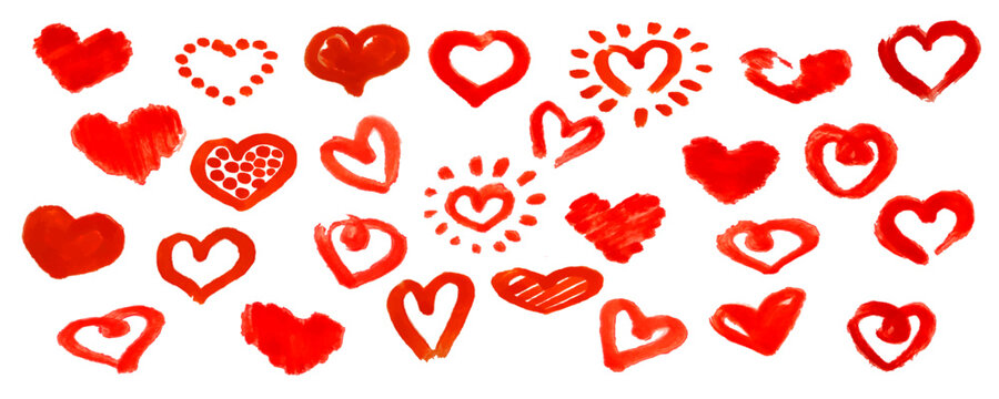 Set of red hearts. Hand drawn rough marker hearts isolated on white background. Vector illustration for your graphic design