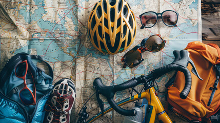 Flat lay of summer cycling gear including helmet sunglasses and map. - obrazy, fototapety, plakaty