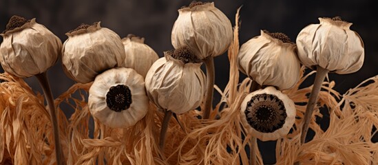 A close up of a circle of flowers resembling eyes. The basket is made of wood and grass, with elephant garlic and other flowering plants as decoration. An artistic and unique event centerpiece
