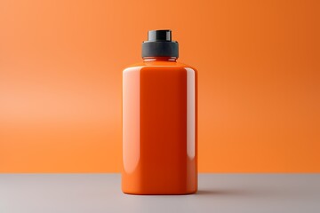 A modern skincare product bottle in a vibrant orange color, arranged neatly with copyspace on a...