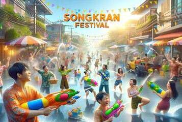 Illustration of the songkran festival with happy people spraying water. - obrazy, fototapety, plakaty