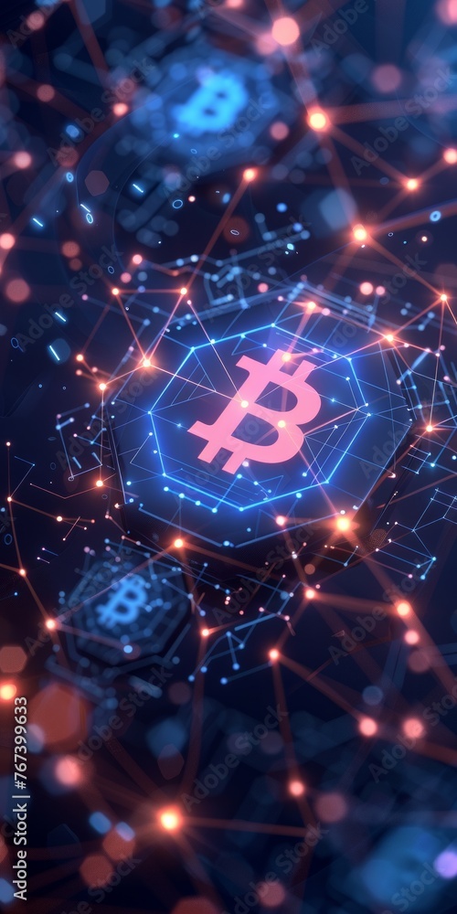 Poster neon blockchain bitcoin network digital art virtual currency, encryption