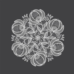 Round llace decoration element.White lace flowers.Vector handmade white lace branches with flowers. - obrazy, fototapety, plakaty
