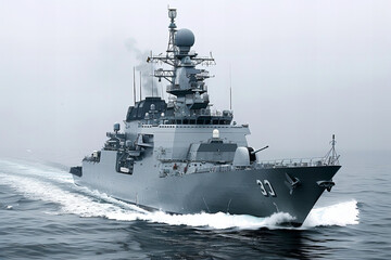 Navy Warship Sailing Through Ocean Mist - Maritime Defense Power Banner