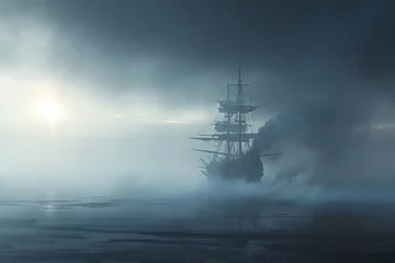 Mysterious Ghost Ship Emerging from Fog at Twilight Banner © Алинка Пад