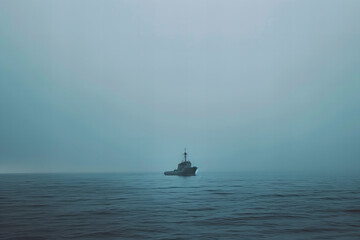 Mysterious Naval Ship Venturing Through Misty Oceanic Expanse Banner