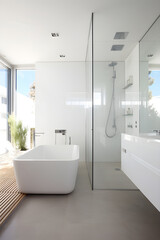 Fototapeta na wymiar Stylish White Bathroom with Modern Fittings and Sunlight - Contemporary Interior Design Photography