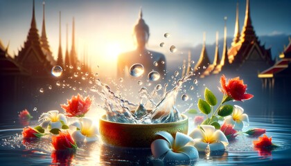 Realistic songkran background with trditional bowl with water splashes and decoration. - obrazy, fototapety, plakaty