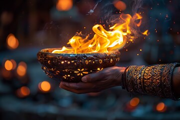 A bowl of fire is in the hands of a man and sparks from the fire scatter around.
Concept: religion and festive events, cultural and spiritual rituals. ideas of inspiration and creativity.