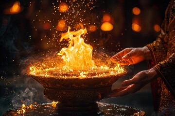A bowl of fire is in the hands of a man and sparks from the fire scatter around.
Concept: religion and festive events, cultural and spiritual rituals. ideas of inspiration and creativity.