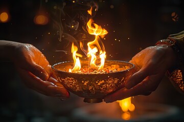 A bowl of fire is in the hands of a man and sparks from the fire scatter around.
Concept: religion and festive events, cultural and spiritual rituals. ideas of inspiration and creativity. - obrazy, fototapety, plakaty
