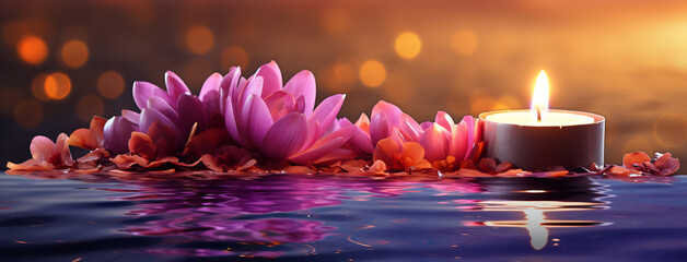 Floating candle surrounded by pink flowers - obrazy, fototapety, plakaty
