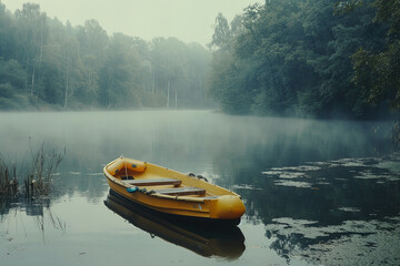 Serenity Unfolds: A Lonely Boat Drifting on Fog-veiled Lake Banner - obrazy, fototapety, plakaty