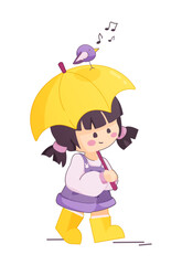 child with umbrella. little girl character in yellow boots. bird singing