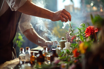 Obraz na płótnie Canvas Mystical Herbalist Crafting Natural Remedies Among Blooms Banner