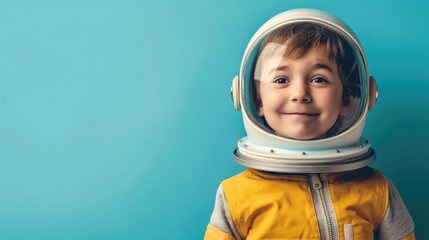 Portrait of a smiling little boy in a spacesuit on a blue background with copy space. International Day of Human Space Flight - obrazy, fototapety, plakaty