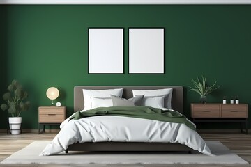 A modern and cozy bedroom with a dark bed, featuring an empty mockup frame on a vibrant green wall. 8k,