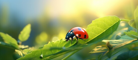 Beautiful ladybug on a leaf in the morning with blurred smooth sunlight. - obrazy, fototapety, plakaty
