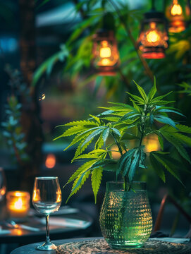Cannabis-Pflanze im Vase auf dem Tisch im Cannabis-Club