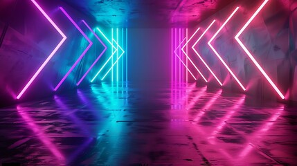 Abstract background with neon lights of green blue pink violet colors glowing in arrowhead lines pattern on shiny reflecting stage. Generative Ai