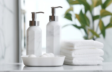 Fototapeta na wymiar Soap, shampoo bottles on white marble sink shelf in light bathro