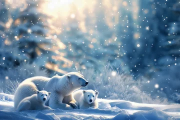 Foto auf Leinwand Arctic Family Embrace: A Polar Bear Mother with Cubs Winter Banner © Алинка Пад