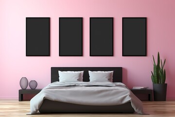 A minimalistic bedroom with a dark bed, highlighting an empty mockup frame on a vibrant pink wall. 8k,