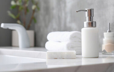 Fototapeta na wymiar Soap, shampoo bottles on white marble sink shelf in light bathro