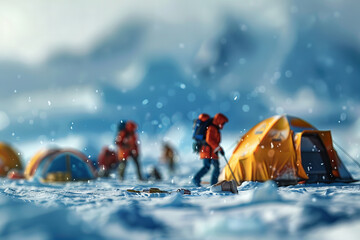 Intrepid Winter Explorers Setting Up Camp Amidst Snowy Terrain Banner - obrazy, fototapety, plakaty