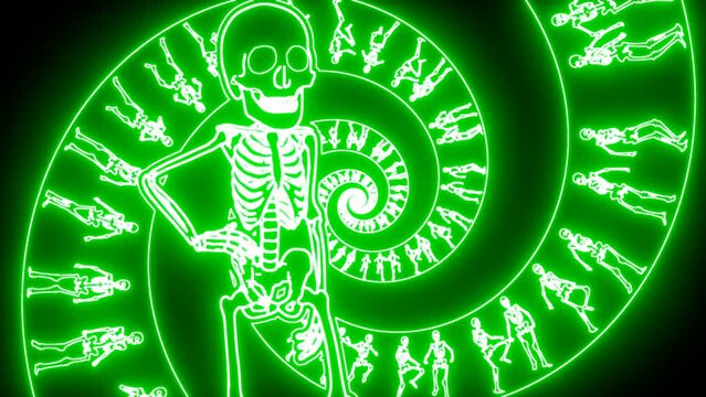 Seamless animation of a walking skeleton with spiral. Funny halloween background with neon fluorescent effect for parties and events.