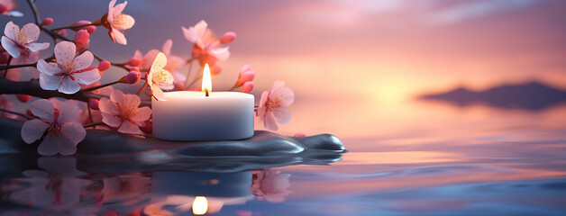 White candle with pink flowers floating on water