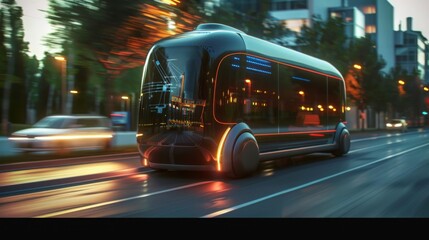Obraz premium Futuristic Autonomous Electric Bus Driving on City Street