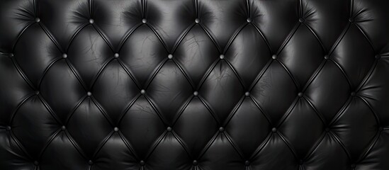 A detailed close-up shot of a black leather couch featuring classic button accents