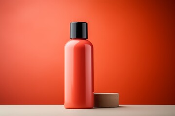 A minimalist skincare product bottle in a vibrant coral color, arranged neatly with copyspace on a blank label for customization.