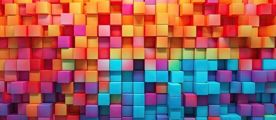 A detailed view of a multicolored wall adorned with numerous cubes of different hues