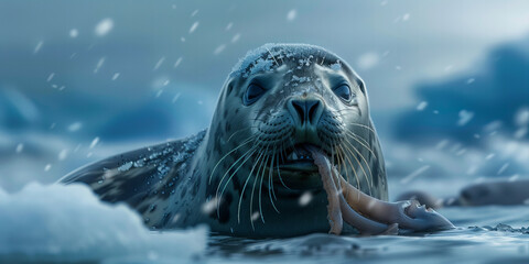 Serene Seal in Snowy Seascape: A Chilly Winters Day Banner