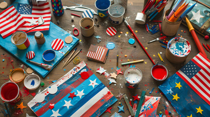Fourth of July crafting session flat lay with homemade flag-making materials stickers and paint.